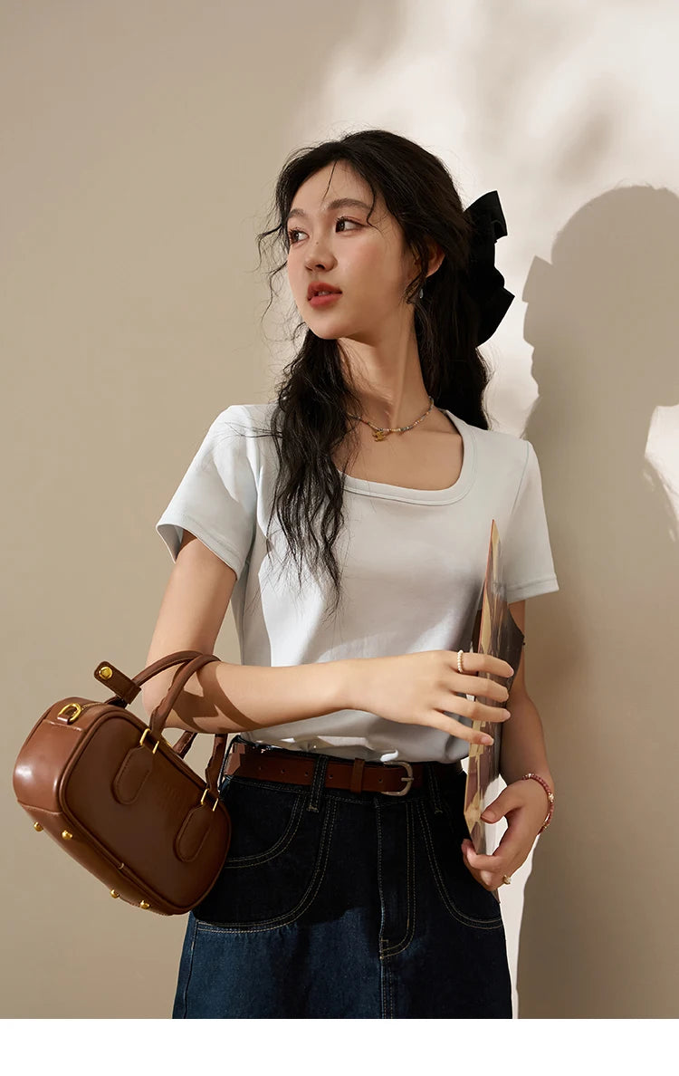 MISHOW Multi Color Square Neck Tees Short Sleeve Solid Color T-shirt for Women 2024 Spring/summer Basic Versatile Top MXC12T0641