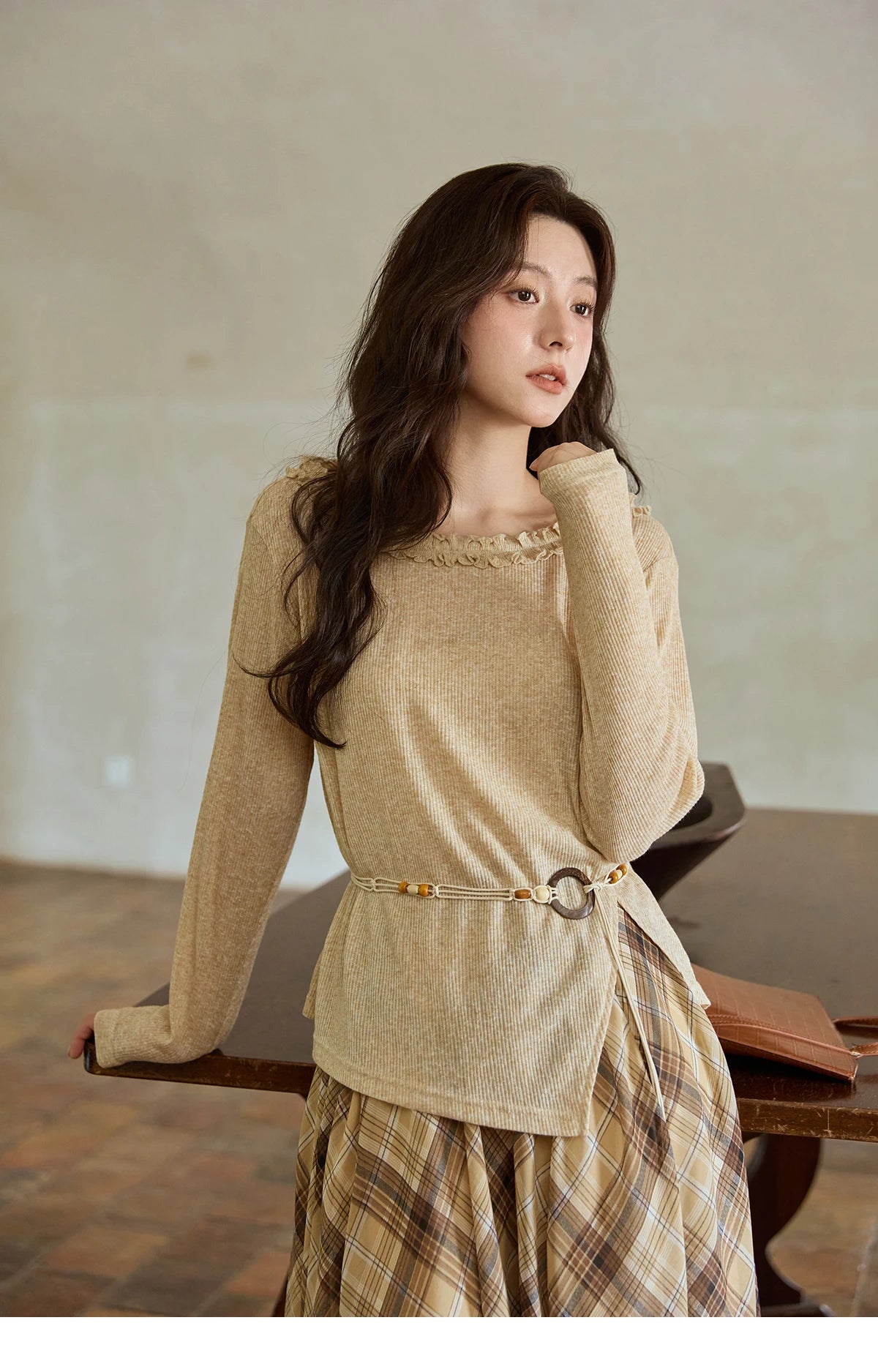 Mishow Apricot Ramie Knit Bohemian Belt Top MXE42Z1324