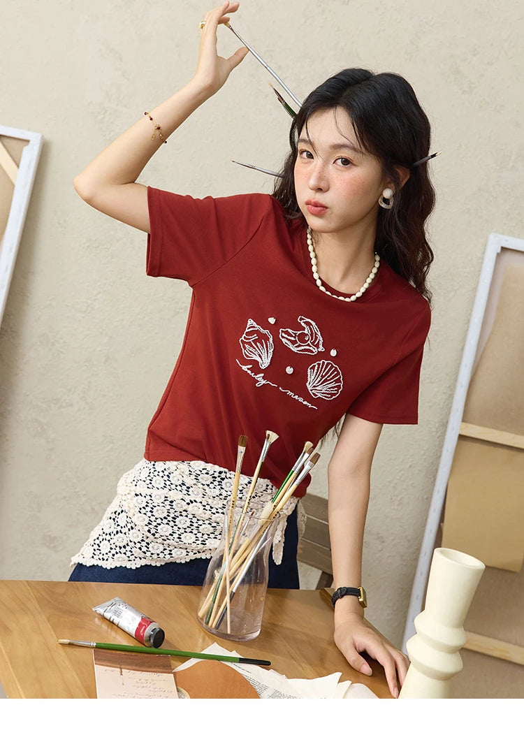 MISHOW Women's Shell Embroidered T-shirt 2025 Summer Short Sleeve Cotton Blend Tops Loose Slim Round Neck Casual Tees MXE34T0570