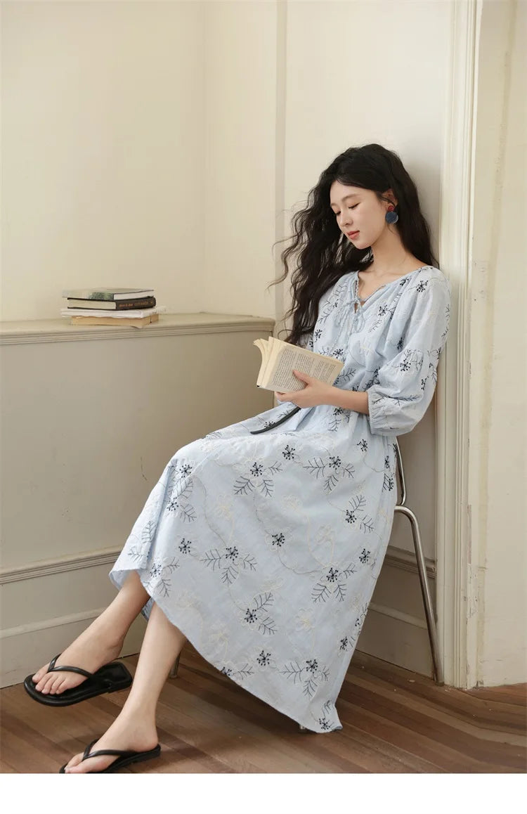 MISHOW Blue Flower Embroidered Dress 2025 Autumn Seven Cent Lantern Sleeve Tassel Tie Rope V-neck Dresses with Belt MXE42L2493