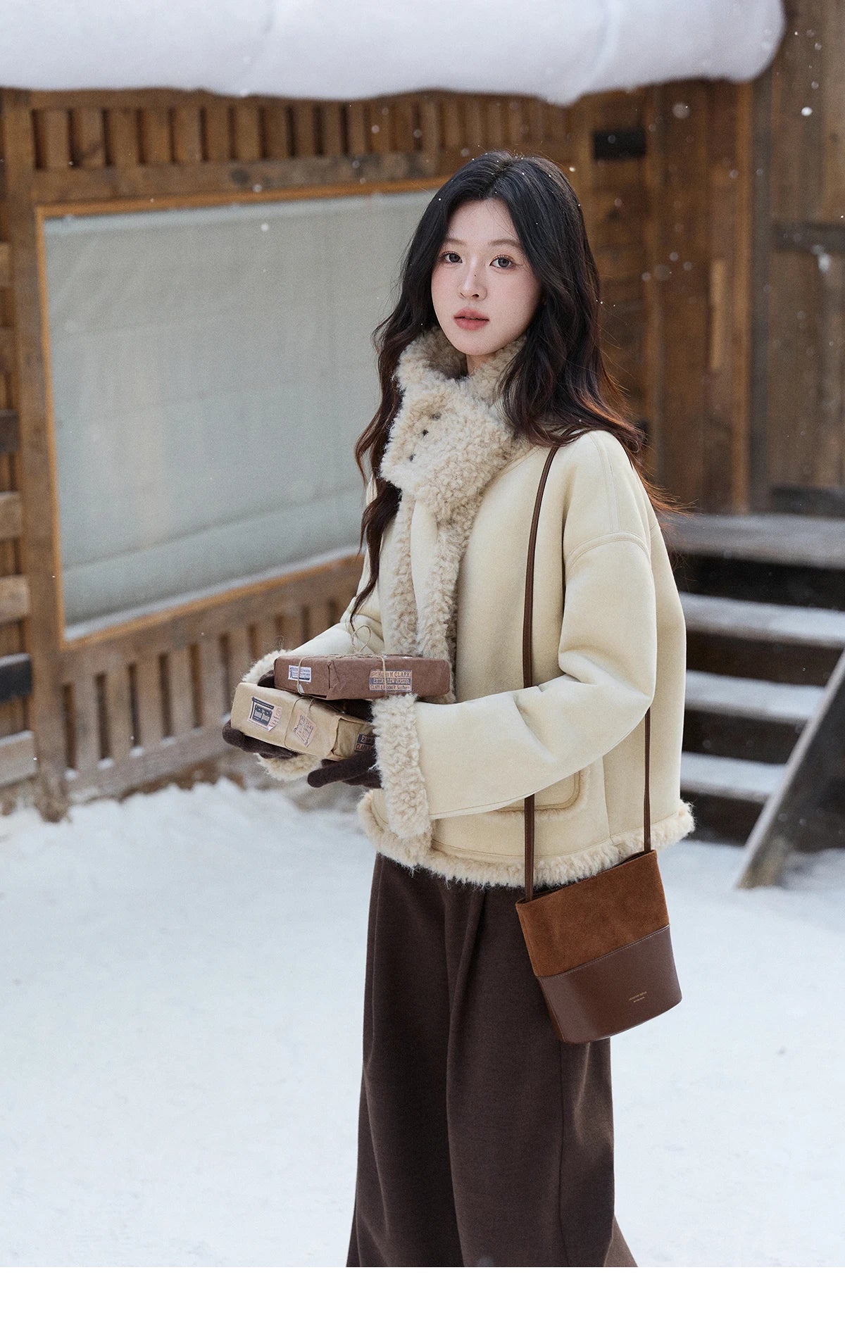 MISHOW Women's Cream Yellow Faux Suede Coat 2025 Winter Included Scarf Thickened Coats Soft Fleece Lined Outerwear MXE91W1019