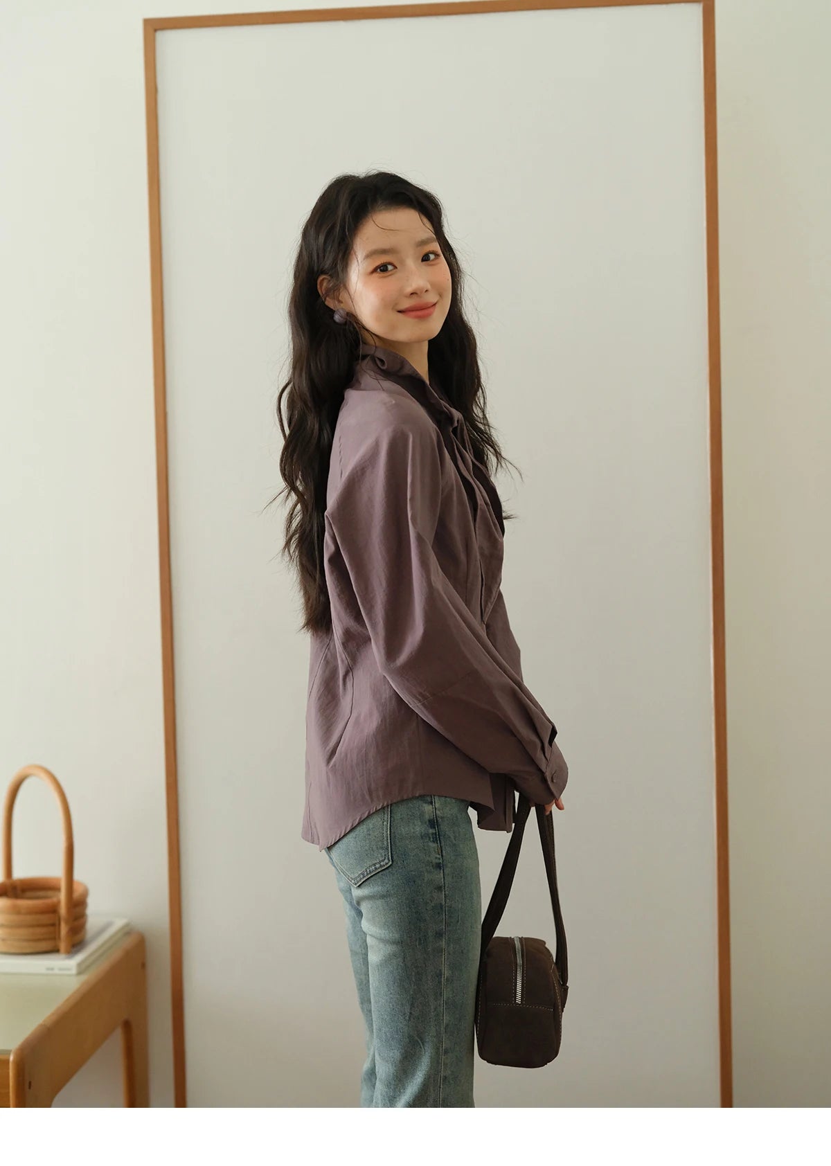 MISHOW Ash Purple Shirt Curved Hem Ribbon Neck Slim MXE42C2383