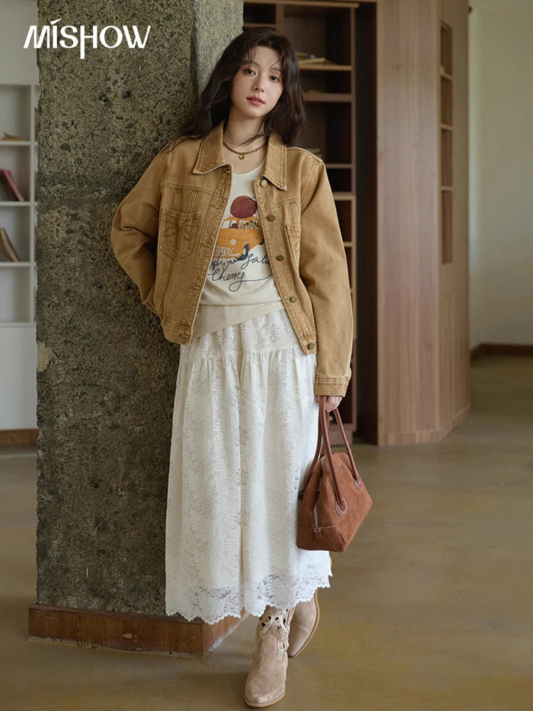 MISHOW Light Brown Vintage Denim Jacket for Women 2025 Autumn Embroidered Pockets Dropped Sleeve Retro Loose Jacket MXE41W0795