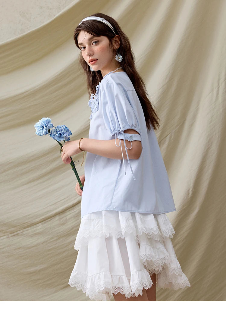 MISHOW French New Shirts Women Summer 2025 Solid Short Sleeve V-neck Embroidered Loose Blouses Female Loose Versatile MXE31X1774