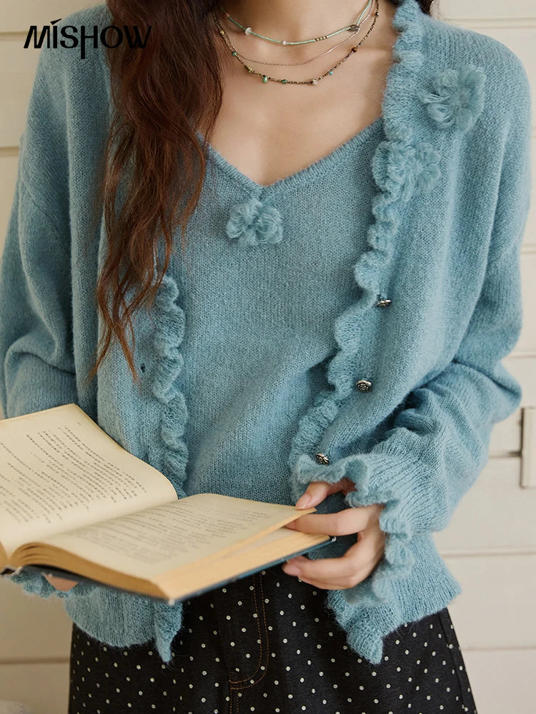 MISHOW Blue Knitted Cardigan Strap Two Piece Set 2025 Autumn Sweater Cardigan Lotus Leaf Edge Flower V-neck Camis Set MXE45T1377