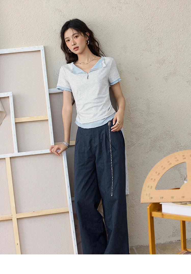 MISHOW Grey Blue Fake Two Piece Contrasting T-shirt for Women Summer 2025 Lapel Wavy Edge Slim Tees Cotton Blend Top MXE35T0567