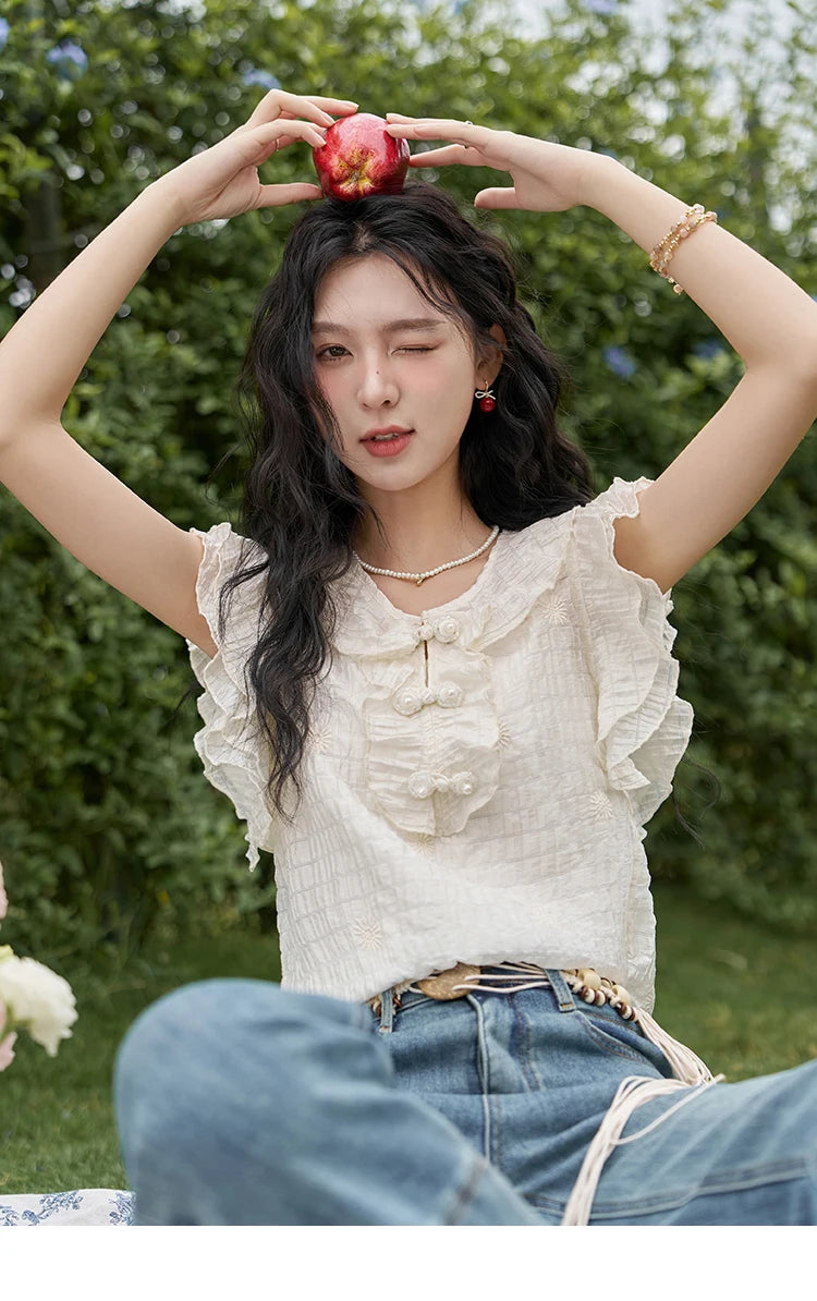 MISHOW Chinese Retro Button Up Blouse for Women 2024 Summer Flying Sleeve Chiffon Embroidery V-Neck Top with Camisole MXD21X1374