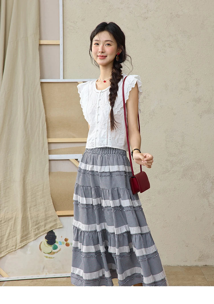 MISHOW Flying Sleeve Cotton Blouse Hollow Lace Slim Waist MXE36X1844