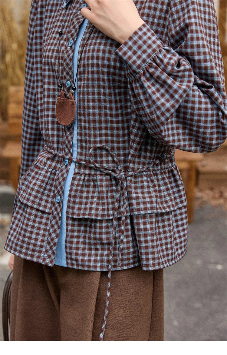 MISHOW Retro Blue Plaid Shirt for Women 2025 Autumn Winter Lapel Lantern Sleeves Ruffled Hem Top Slim Casual Shirt MXE89C2420