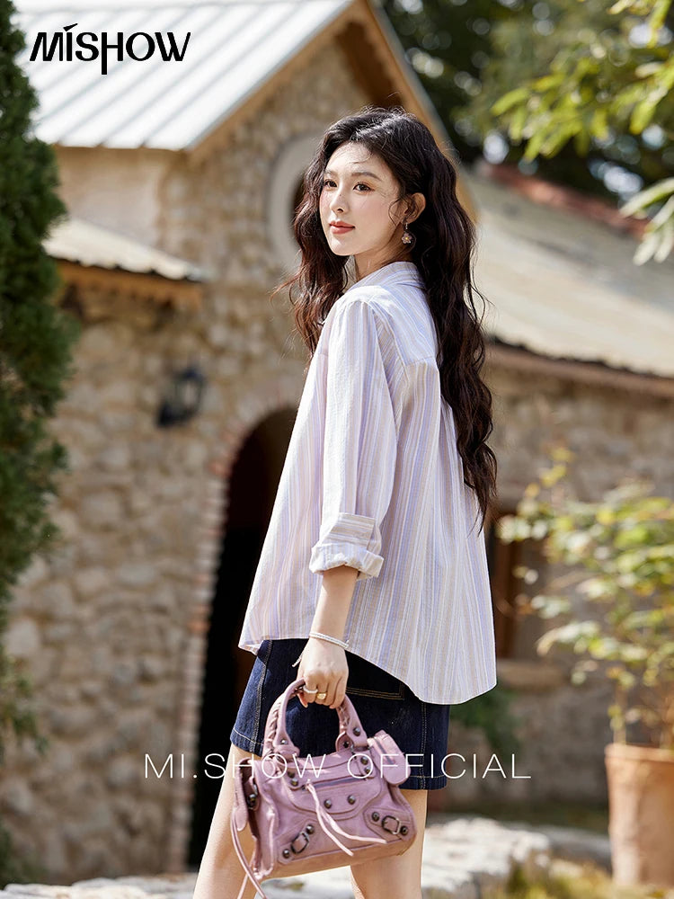 MISHOW Purple Striped Loose Shoulder Shirt for Women 2025 Casual Turn-down Collar Top Single Breasted Commuting Shirt MXE13C0407