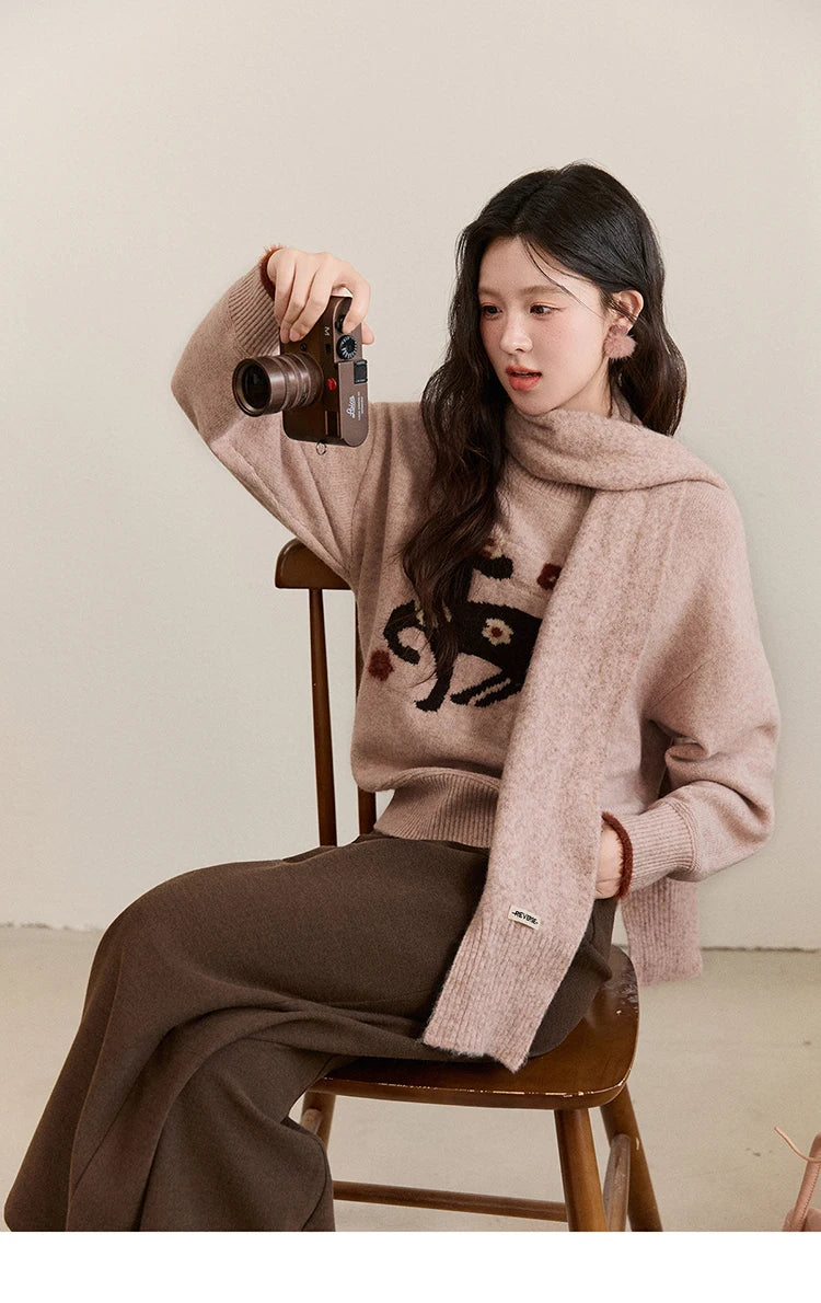 MISHOW Women's Horse Pattern Knit Sweater Winter Crew Neck Sweaters Collar Cuffs Splice Contrasting Faux Mink Fur Top MXE94Z2863