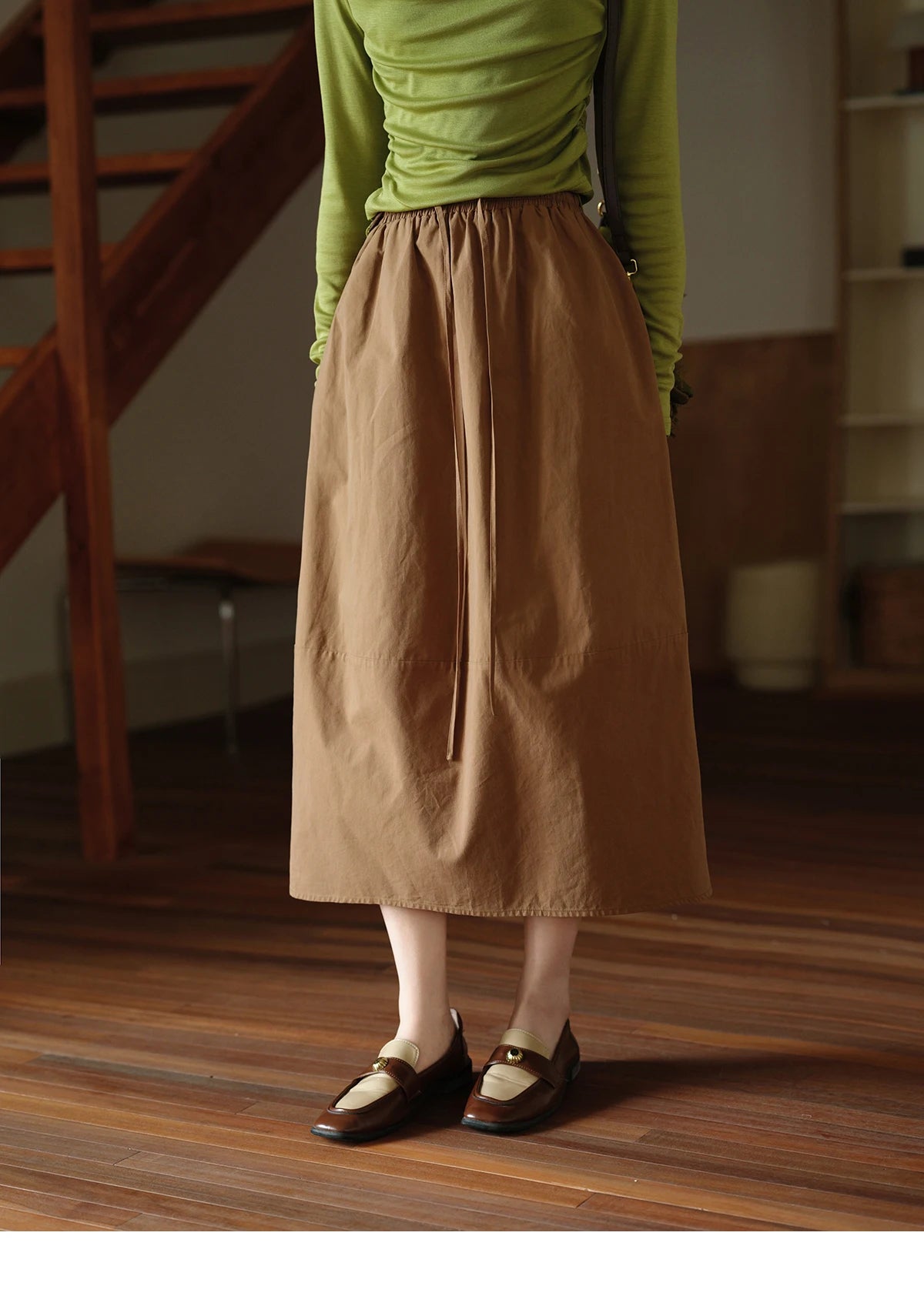 MISHOW Autumn Brown Cotton Bud Skirt 2025 Autumn Elastic Drawstring High Waist Slim A-line Casual Skirt with Pocket MXE41B2367