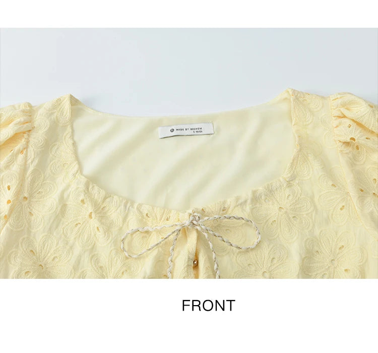 MISHOW Women's Fashion Hollow Out Blouse Summer 2025 Embroidery Puff Sleeve Square Collar Tassel Ladies Casual Top MXE37X1851