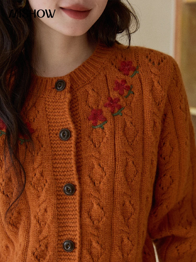 MISHOW Cardigan Woman 2025 Winter Fashion Orange Cable Knit Cardigan Floral Embroidery Retro O-neck Thick Knit Top MXE86Z2737