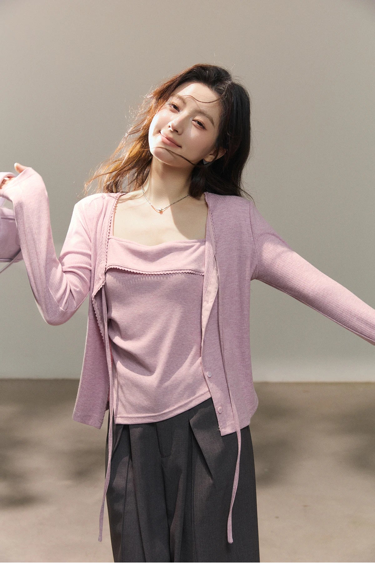 MISHOW Women's Purple Knitted Two-Piece Set 2026 Spring Knitted V-neck Lace-Up Cardigans Camisole Irregular Tops Set MXF13Z2998