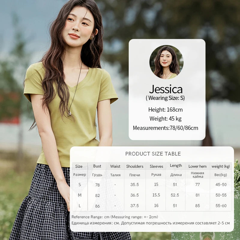 MISHOW Cotton Casual T-shirts Women New 2025 Short Sleeve V-neck Solid Versatile Shirt Female Fashion Basic Tops Lady MXE33T0519