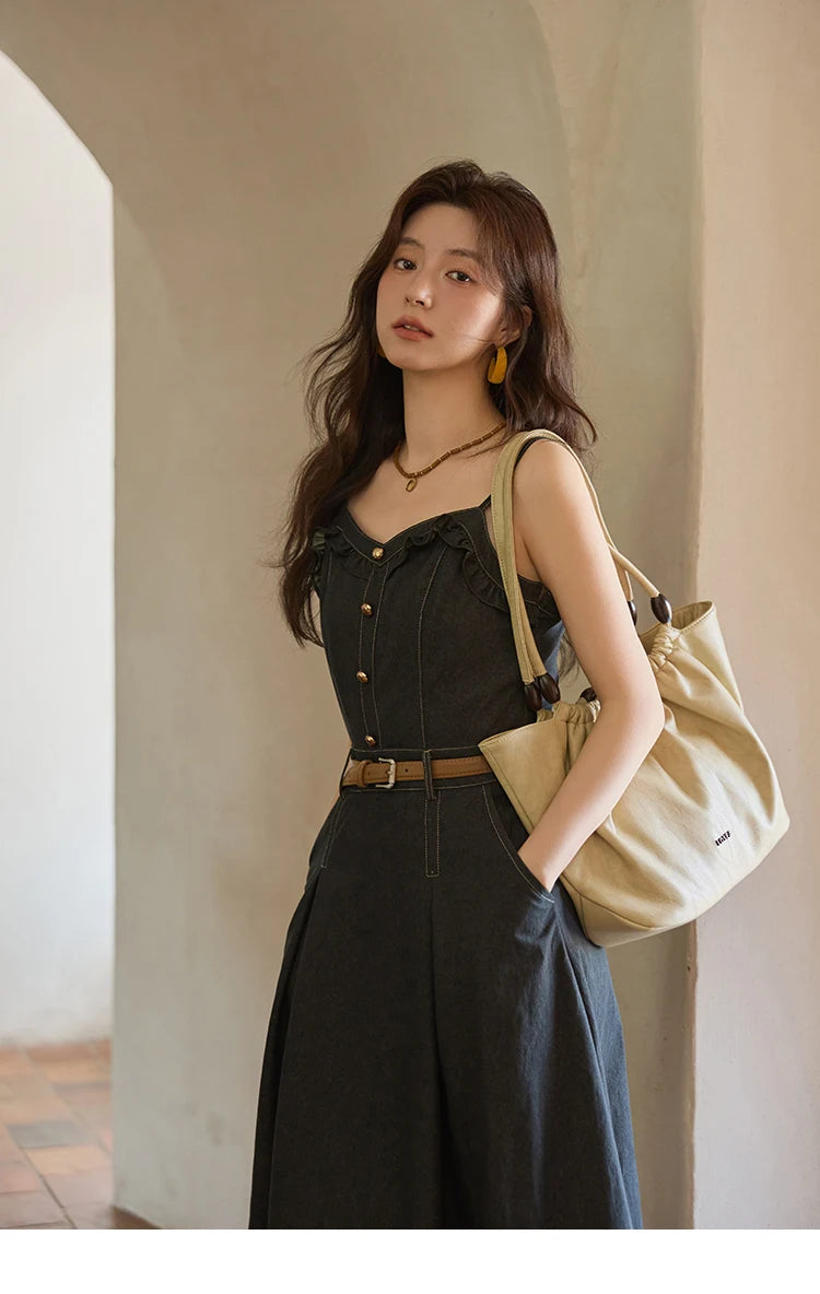 MISHOW Women's Two-Piece Set 2025 Lantern Sleeves Knitted Cardigan Imitation Denim Strap Dress Set With Belt Included MXE41T0704