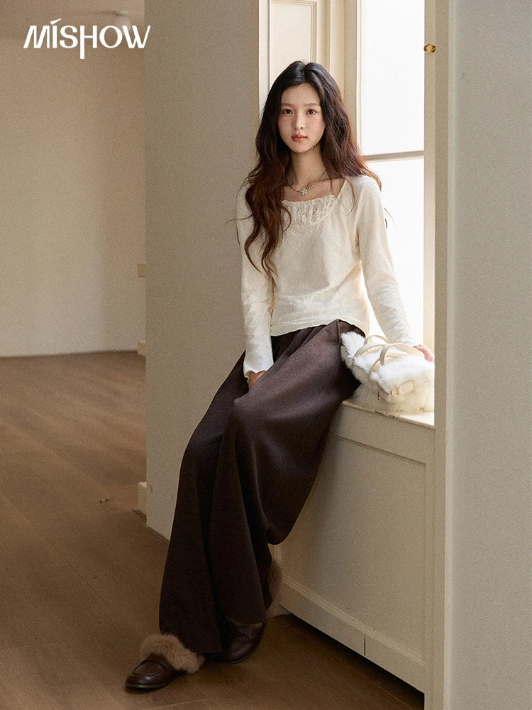 MISHOW Women Long Sleeve Tees 2025 Autumn Winter Elegant Beige Lace Patchwork Top Women Large U-neck Slim Fit Top MXE91X2514