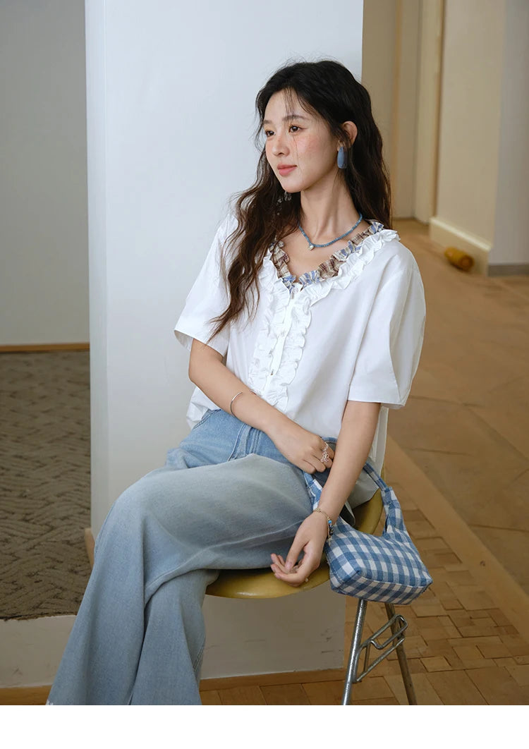 MISHOW Fashion V-neck Shirt for Women Summer 2025 Thin Short Sleeve Patchwork Double Layer Fungus Edge Button Top MXE35X1793