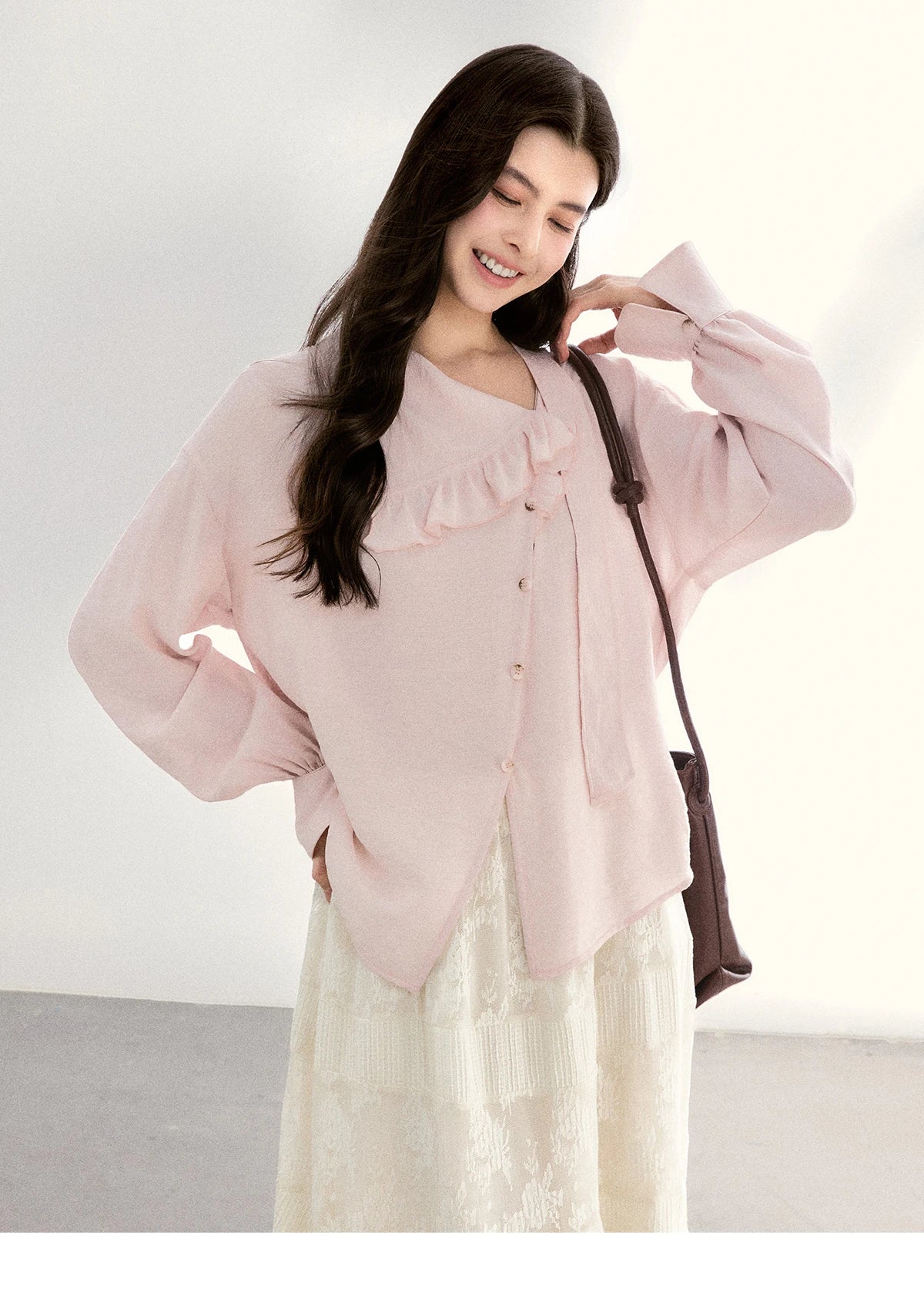 MISHOW Women's Pink Elegant Blouse 2026 Spring Asymmetrical Ruffled Collar Button Shirts Puff Sleeve Casual Loose Top MXF11X2520