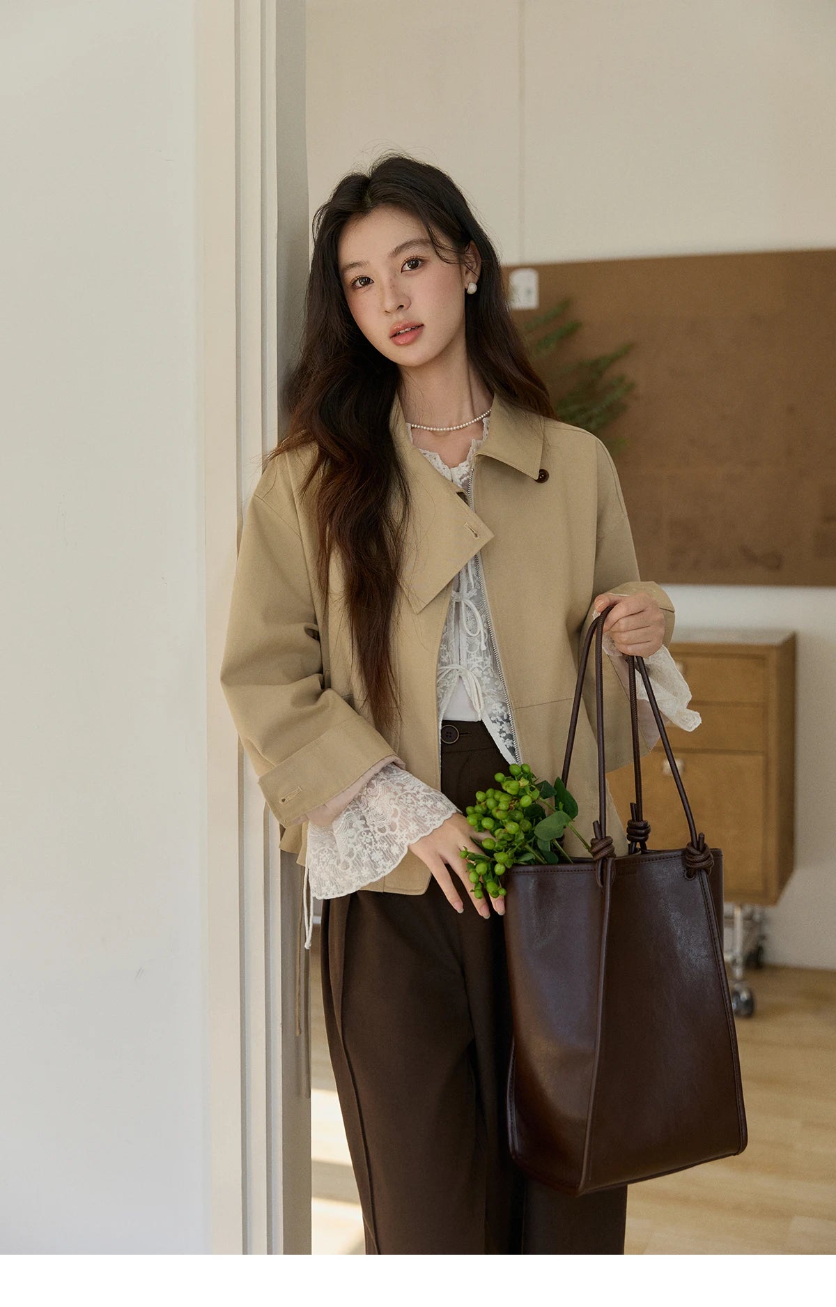 MISHOW Women's Khaki Cropped Jacket 2026 Spring Asymmetrical Collar Drawstring Waist Short Jackets Casual Loose Coat MXF11W1029