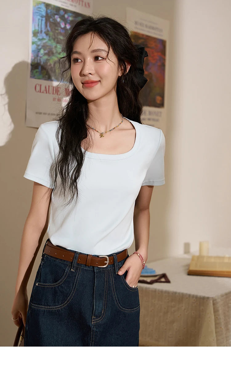 MISHOW Multi Color Square Neck Tees Short Sleeve Solid Color T-shirt for Women 2024 Spring/summer Basic Versatile Top MXC12T0641