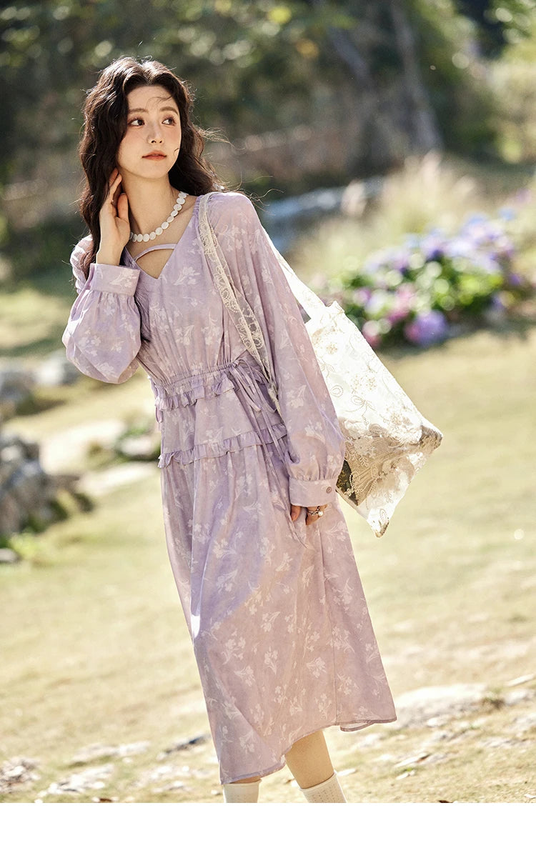 MISHOW Elegant Black Fungus Edge Dress for Women Spring 2025 Floral Lace-up Waist Dresses Long Sleeved Cake Dress MXE13L2101