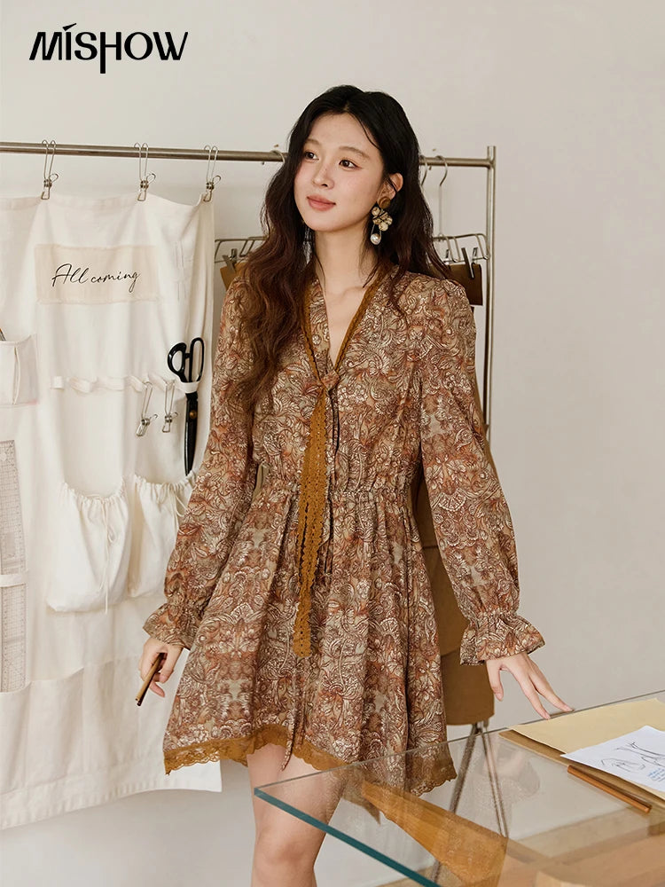 MISHOW Mini Dress for Women's French Vintage Printed Dress 2025 Autumn New Elegant Long-Sleeve Dinner Dresses Luxury MXE46L2518
