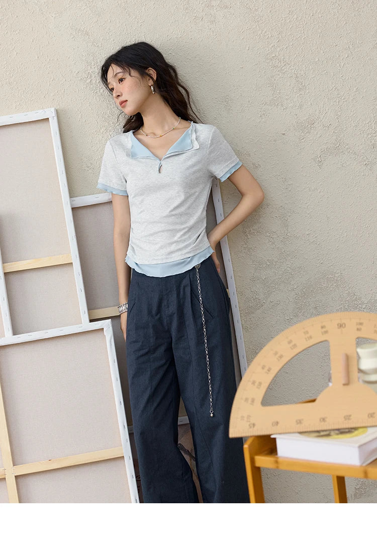 MISHOW Grey Blue Fake Two Piece Contrasting T-shirt for Women Summer 2025 Lapel Wavy Edge Slim Tees Cotton Blend Top MXE35T0567