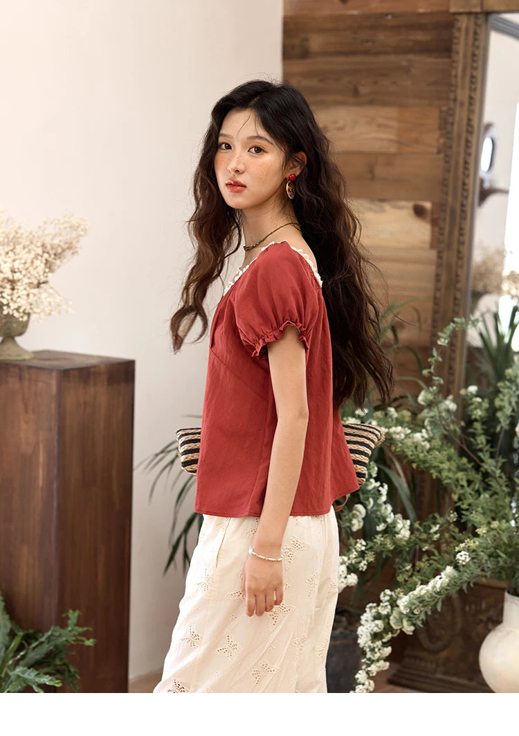 MISHOW French Summer Shirts for Women 2025 Short Puff Sleeve Lace Colla Slimming Blouses Female Sweet Fashion New MXE35X1827