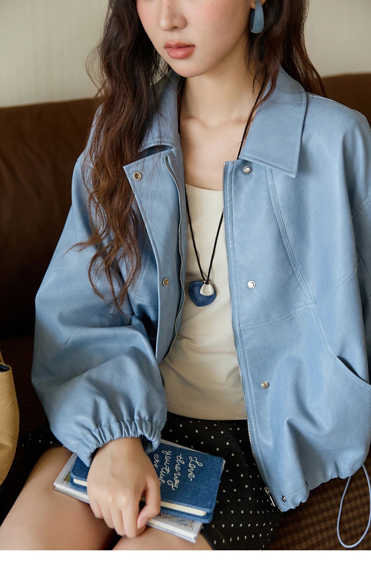 MISHOW Women's Blue Short Jacket 2025 Autumn Hip-hop Style Loose Zipper Coat Commute Pu Leather Lapel Fashion Jackets MXE45W0822