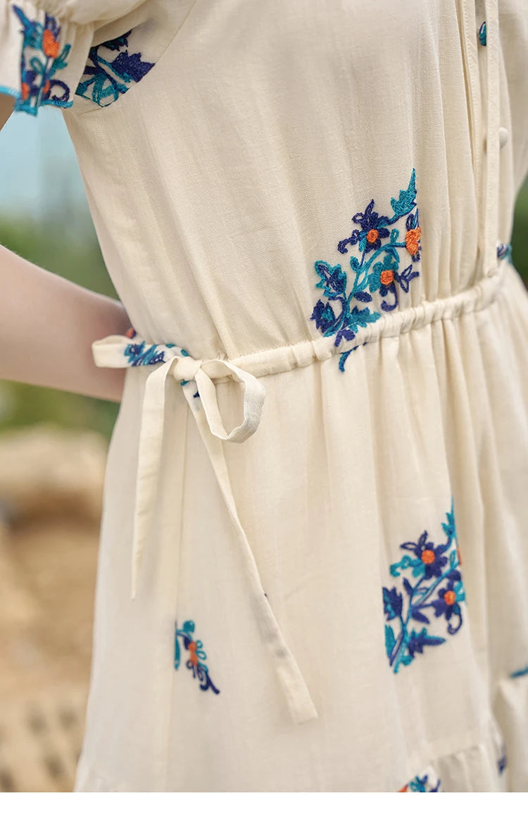 MISHOW French Romantic Dress 2024 Summer Women Embroidered Flower Fairycore Dresses Elastic Waist Drawstring Dress MXD24L1835