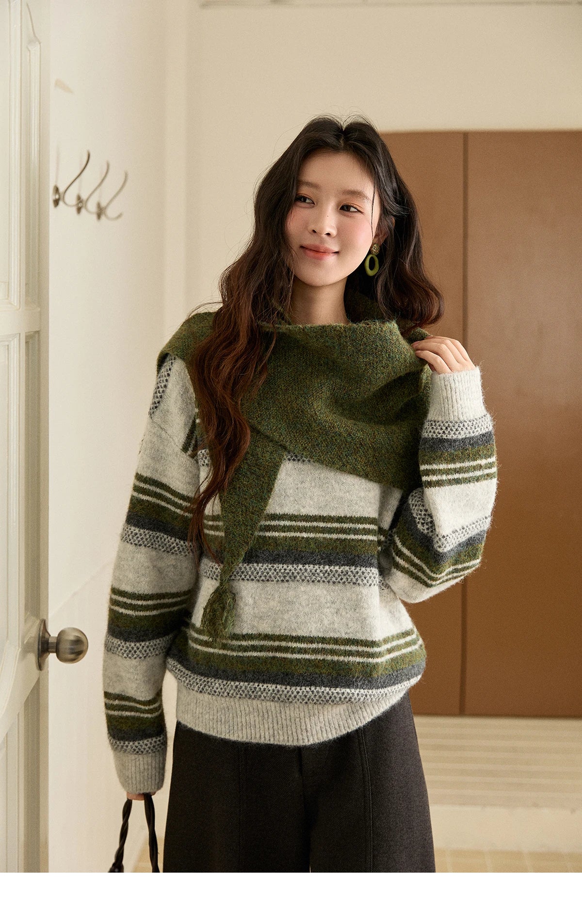 MISHOW Women's Wool Blend Retro Striped Sweater with Scarf Set 2025 Winter Knitted Round Neck Warm Loose Sweaters MXE94Z2987