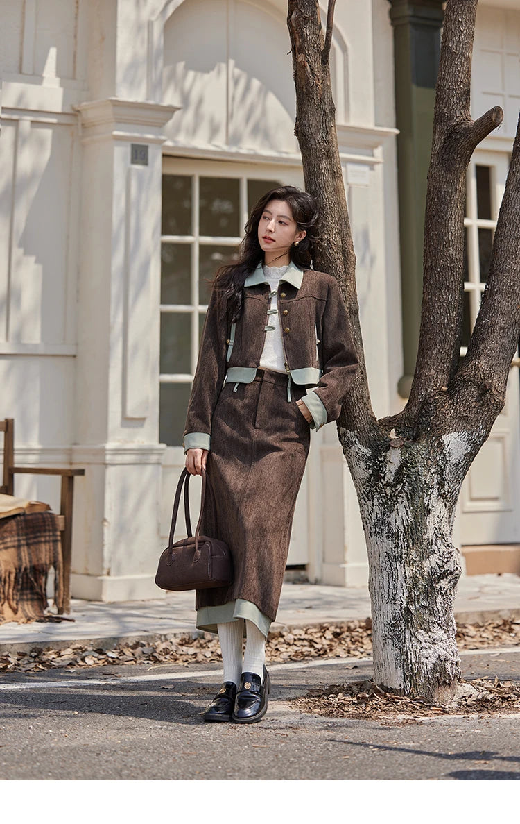 MISHOW Fragrant Jacket Rear Hem Slit Skirt Separately 2024 Winter Lapel Jackets Splicing Contrasting Leather Skirts MXD43W0444