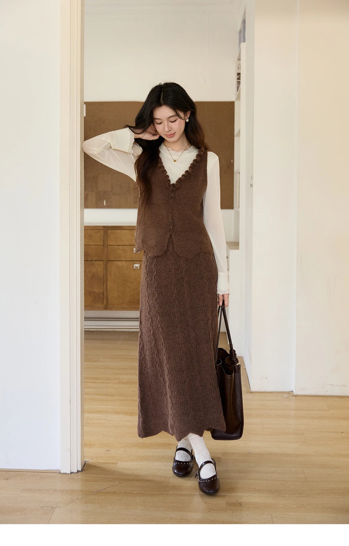 MISHOW Women's Brown Two-Piece Set 2026 Spring Knitted Vest V-Neck Cable Knit Maxi Skirt Casual Retro Warm Outfit MXF11T1460