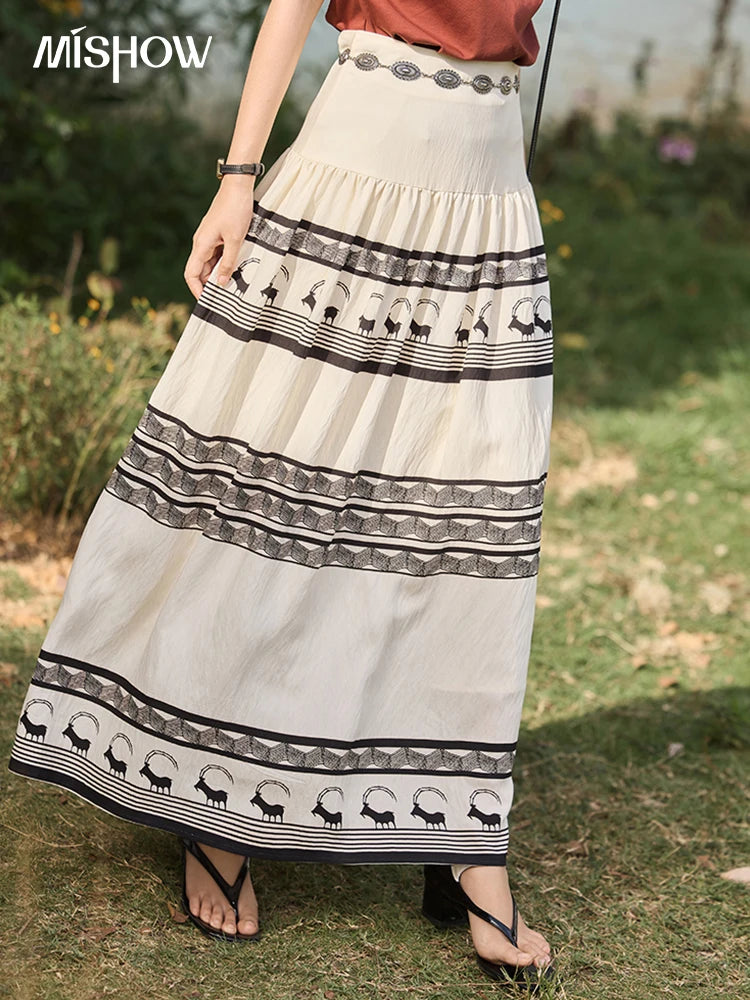 MISHOW Women's Bohemian Print Half Skirt 2025 Summer New Office Lady Fashion High Waist A-line Large Swing Skirt MXE36B0755