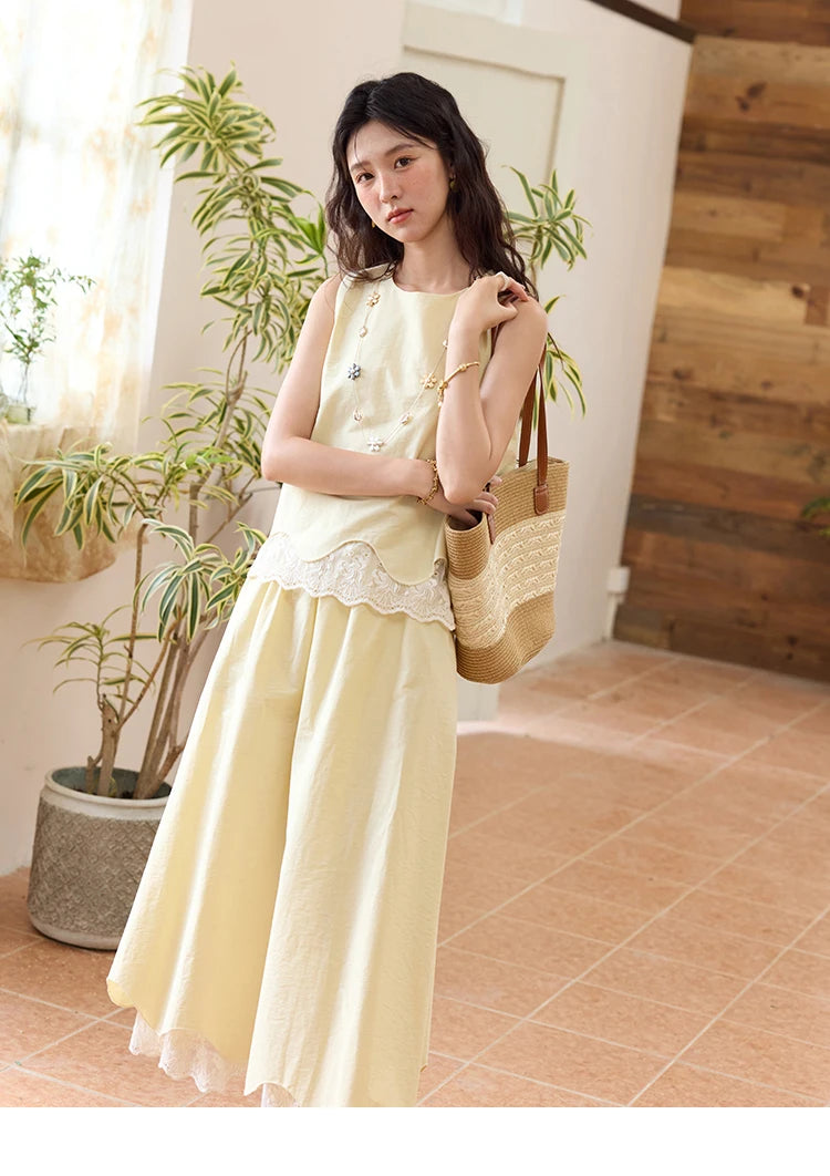 MISHOW Set 2 Piece 2025 Summer Women's O-Neck Lace Patchwork Sleeveless Top Elastic Waist Midi Skirt Elegnat Set MXE36T0641