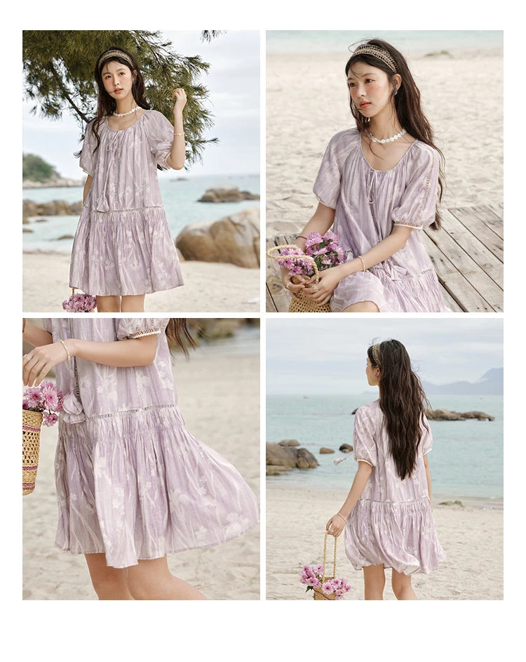 MISHOW Print Summer Chiffon Dress Women 2025 Short Sleeve U Neck Splicing Hollow Lace Midi Dresses Lady New Fashion MXE32L2164