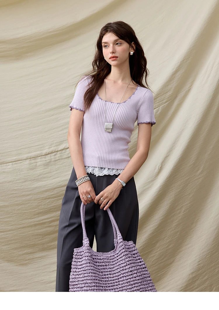 MISHOW Office Lady Summer Sweater Women 2025 New Solid Short Sleeve Lace Collar Contrast Color Hook Design Tops Slim MXE33Z1218