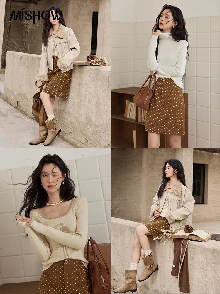 MISHOW French Polka Dot Skirt Women 2024 Winter American Retro High Waist A-line Skirt Symmetrical Side Pockets Skirt MXD34B0576