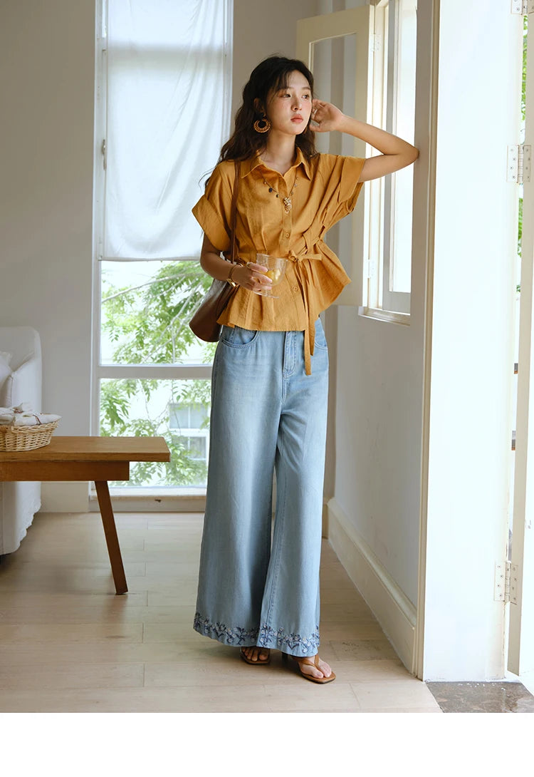 Mishow Flower Embroidery High Waist Wide Leg Jeans MXE37K0991