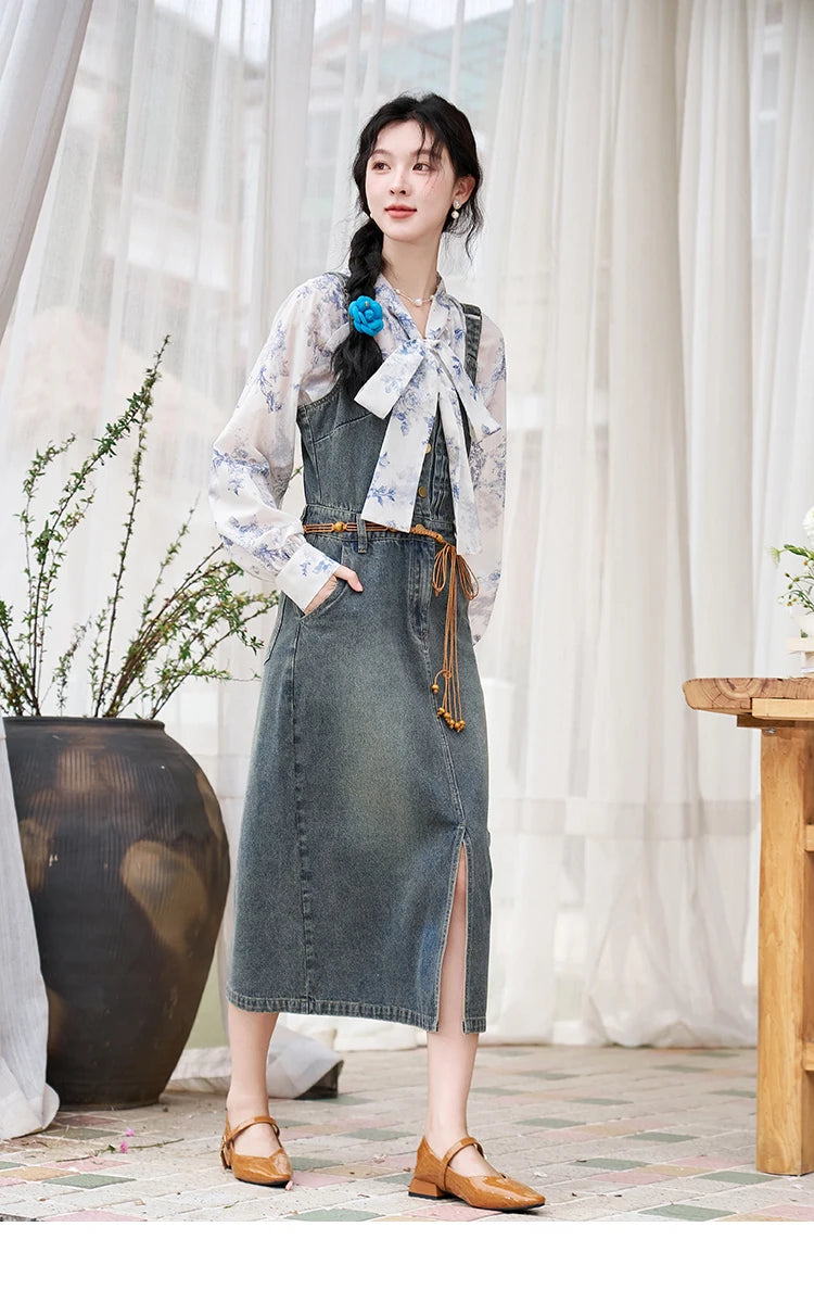 MISHOW Retro Denim Strap Dress for Women Spring Summer 2025 Symmetrical Diagonal Pockets Front Hem Slit Midi Dresses MXD14L1817