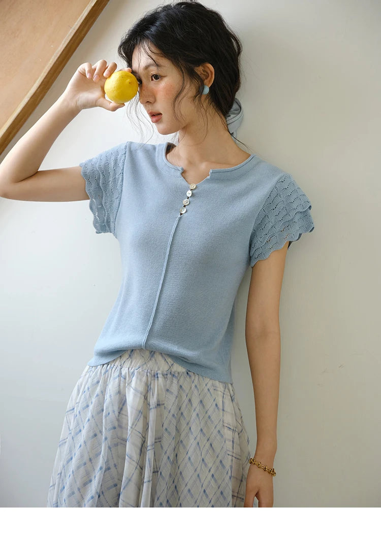 MISHOW Sheep Wool Knitted T-shirt for Women 2025 Summer New Button O-Neck Short Sleeve Blue Top Female Clothing MXE34Z1262