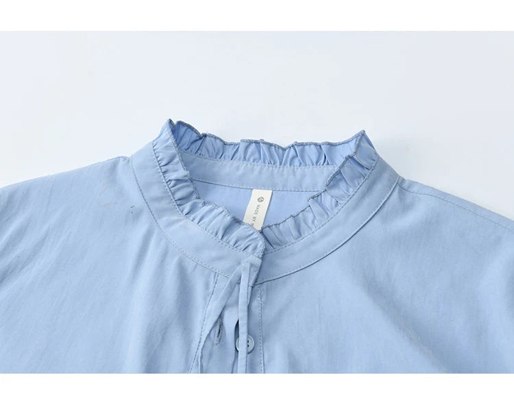 MISHOW Coiled Flowers Embroidered Blue Shirt for Women Autumn 2025 Stand Neck Lace-up Brushed Shirts Office Lady MXE44C2398