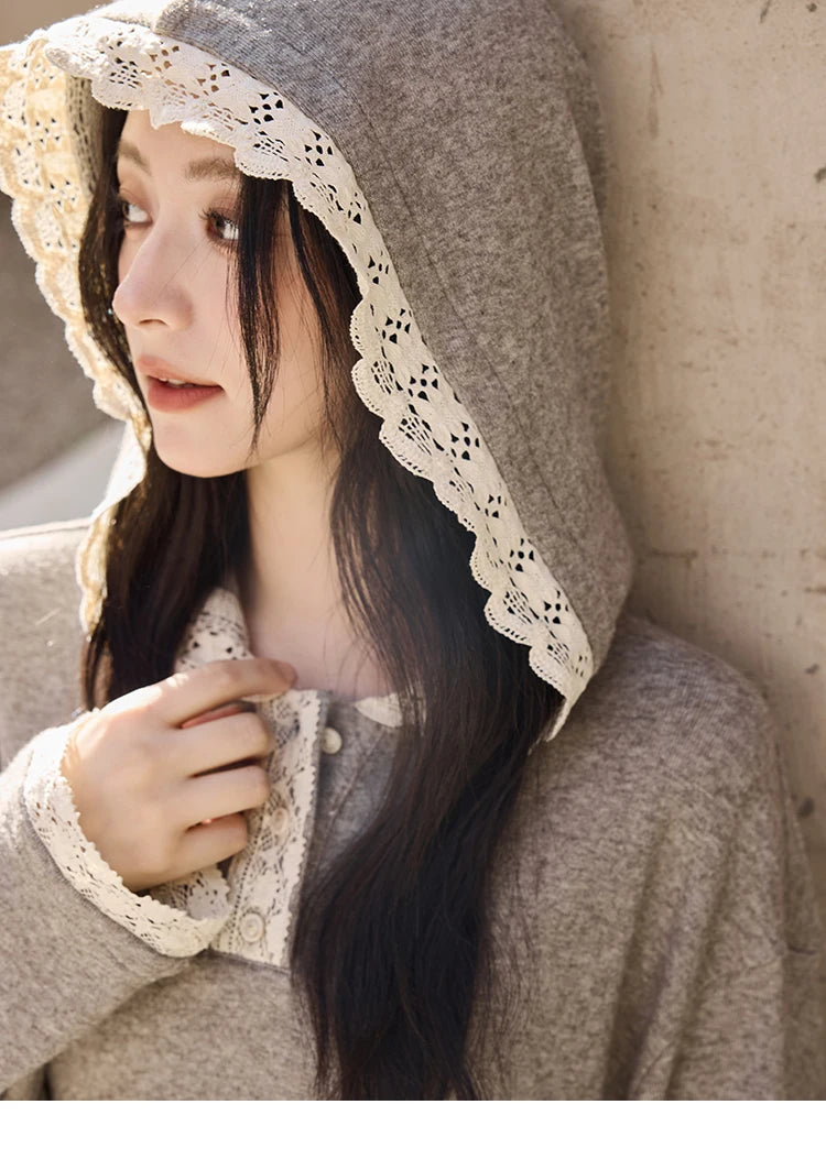 MISHOW Women's Sweatshirt Wide Leg Pants Separately 2025 Fall Winter Lace Splicing Hooded Casual Elastic Waist Pants MXD34V0098