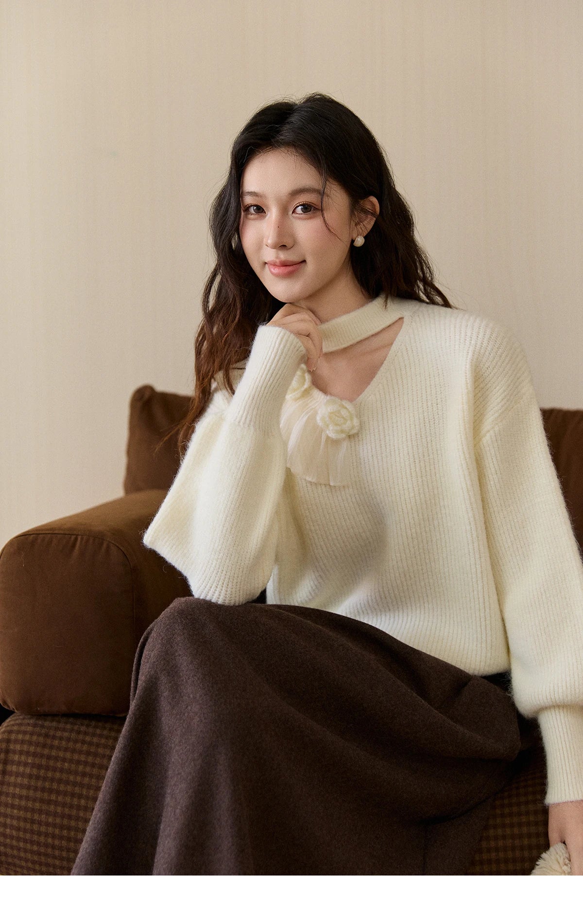 MISHOW Women's Cutout Neck Knitted Sweater 2025 Winter Ruffle Flower Decor Dropped Lantern Sleeves Pullover Tops MXE94Z2982