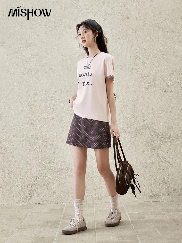 MISHOW Casual Pink Letter T-shrit Women Summer 2025 New Short Sleeve Round Neck Shirts Woman Fashion Lace Tops Lady MXE32T0529