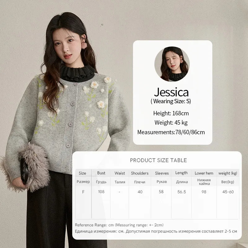 MISHOW Women's Gray Knitted Cardigan 2025 Winter Flower Embroidery Round Collar Single-breasted Warm Slim Sweaters MXE91Z2836