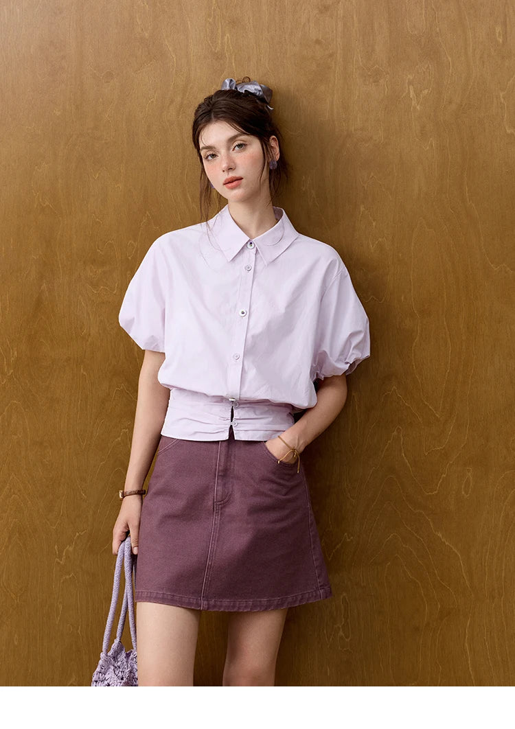 MISHWO Office Lady Solid Blouses Women Summer New 2025 Short Sleeve Turn-down Collar Purple Cotton Shirts Female Thin MXE32X1794
