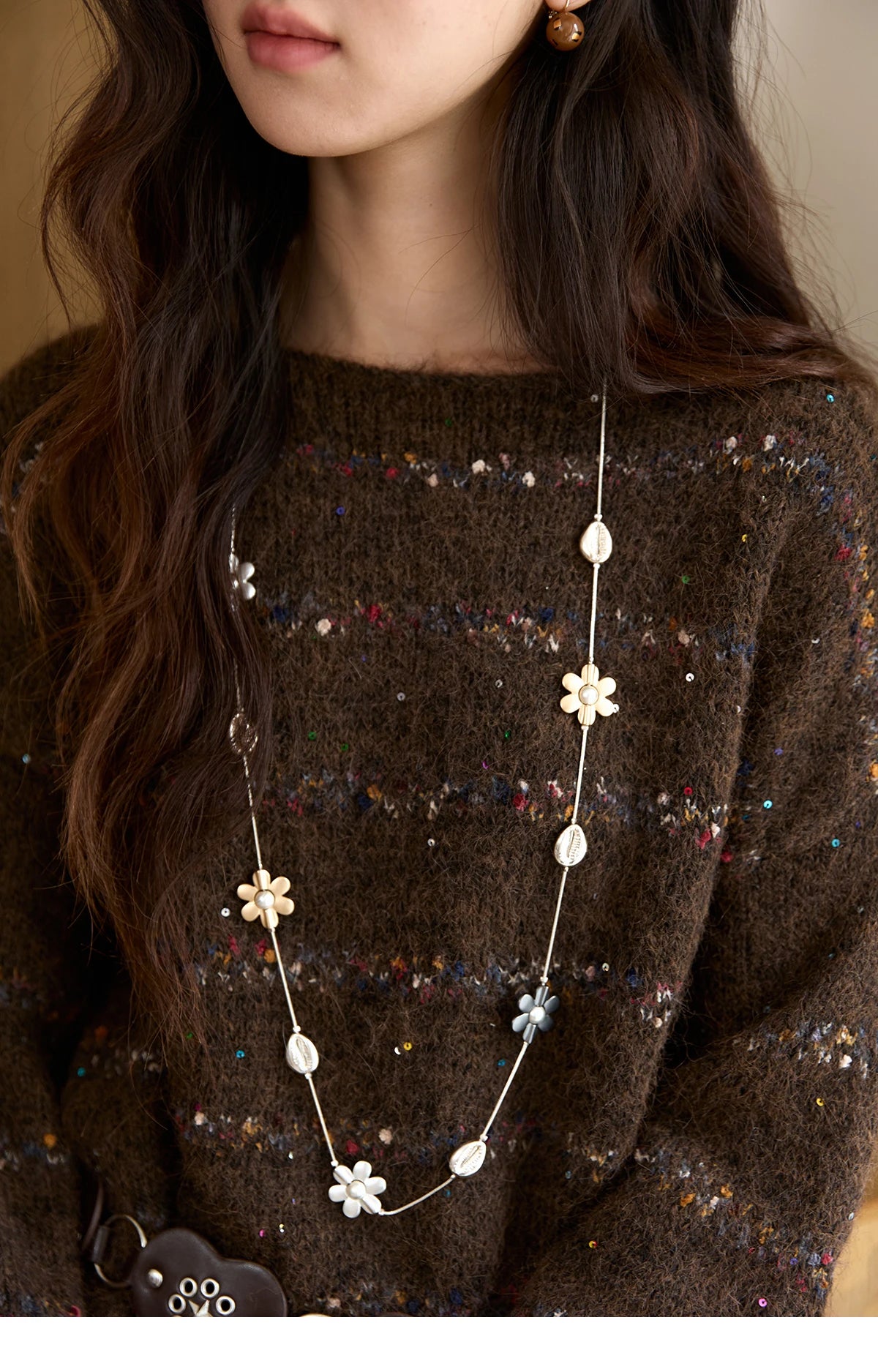 MISHOW Brown Chrysanthemum Yarn Sweaters Women Beltless 2025 Autumn Wool Blend Loose Round Neck Retro Knitted Tops MXE47Z2574